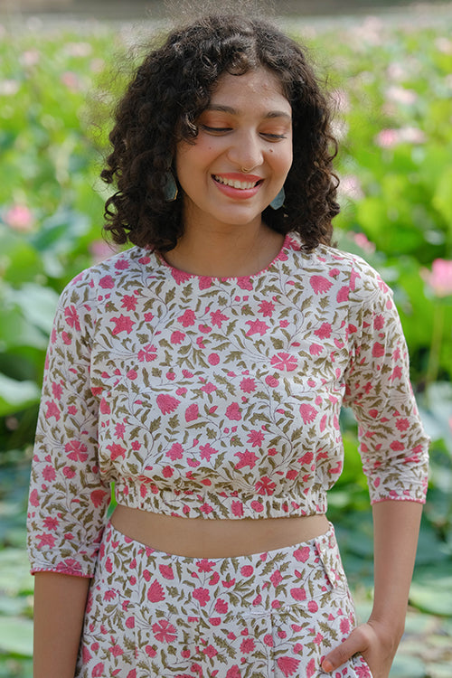 Okhai "Azalea" Hand Embroidered Handblock Printed Pure Cotton Crop Top
