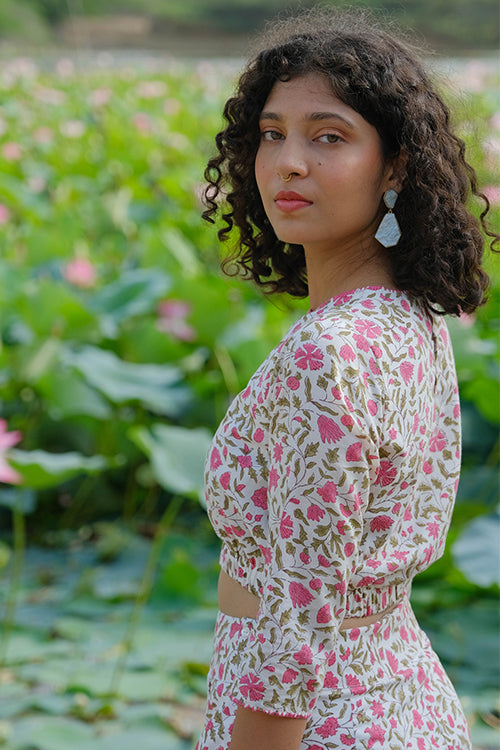 Okhai "Azalea" Hand Embroidered Handblock Printed Pure Cotton Crop Top