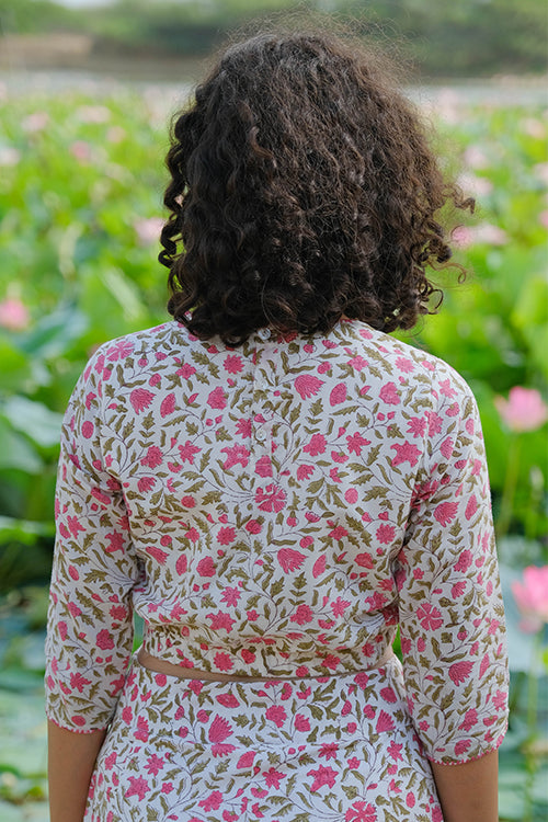 Okhai "Azalea" Hand Embroidered Handblock Printed Pure Cotton Crop Top