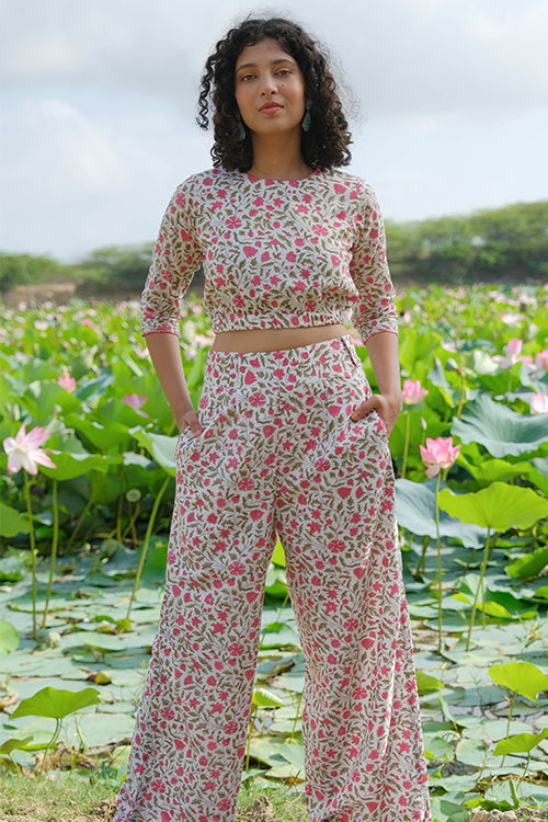 Okhai "Azalea" Hand Embroidered Handblock Printed Pure Cotton Crop Top