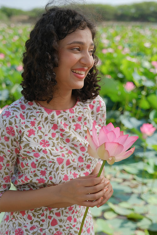 Okhai "Azalea" Hand Embroidered Handblock Printed Pure Cotton Crop Top