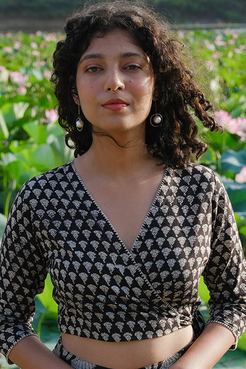 Okhai "Sand Dunes"Hand Embroidered Handblock Printed Pure Cotton Wrap Top