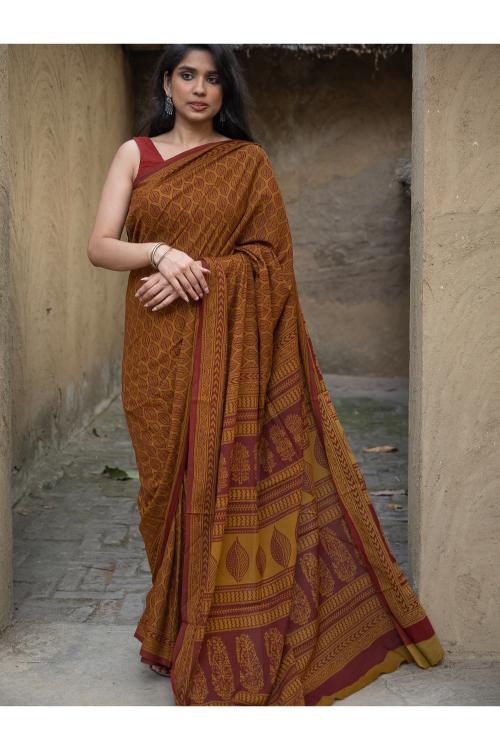 TICH Exclusive Bagh Hand Block Printed Cotton Saree - Ornate Leaf