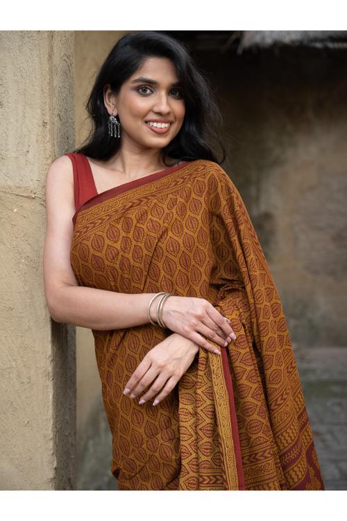 TICH Exclusive Bagh Hand Block Printed Cotton Saree - Ornate Leaf