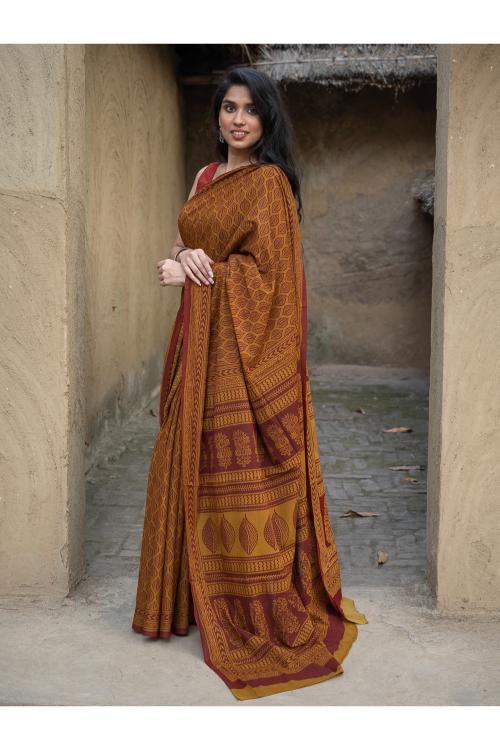 TICH Exclusive Bagh Hand Block Printed Cotton Saree - Ornate Leaf