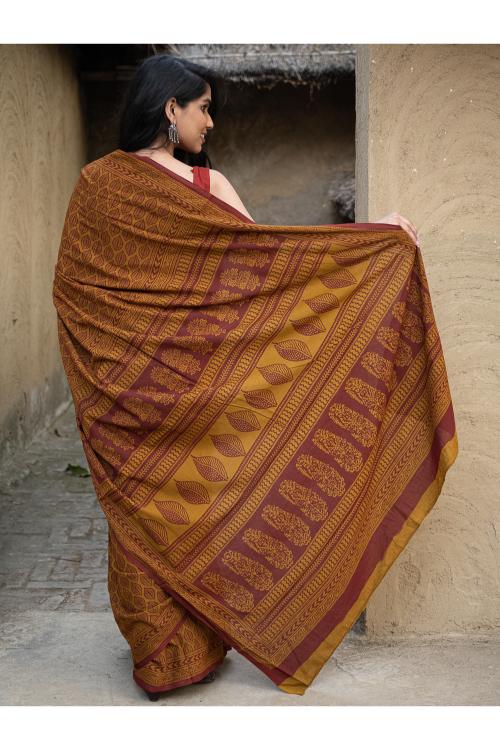 TICH Exclusive Bagh Hand Block Printed Cotton Saree - Ornate Leaf