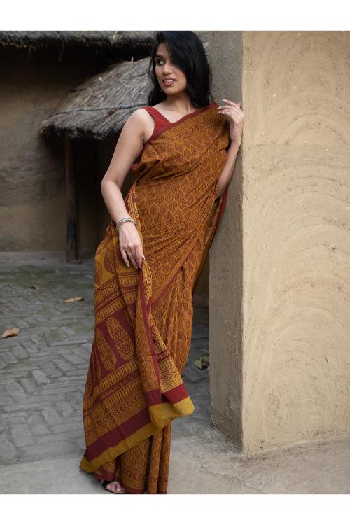 TICH Exclusive Bagh Hand Block Printed Cotton Saree - Ornate Leaf