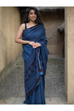 Exclusive Bagh Hand Block Printed Cotton Saree - Blue Zigzags