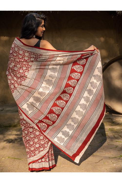 Exclusive Bagh Hand Block Printed Cotton Saree - Floral Medley