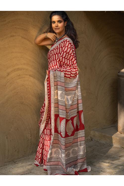 TICH Exclusive Bagh Hand Block Printed Cotton Saree - Classic Flora