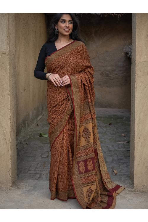 TICH Exclusive Bagh Hand Block Printed Cotton Saree - Intricate Paisleys