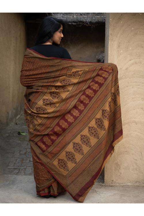 TICH Exclusive Bagh Hand Block Printed Cotton Saree - Intricate Paisleys