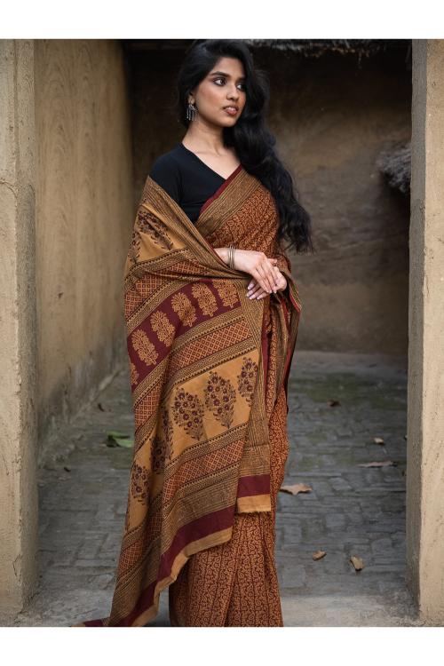 TICH Exclusive Bagh Hand Block Printed Cotton Saree - Intricate Paisleys