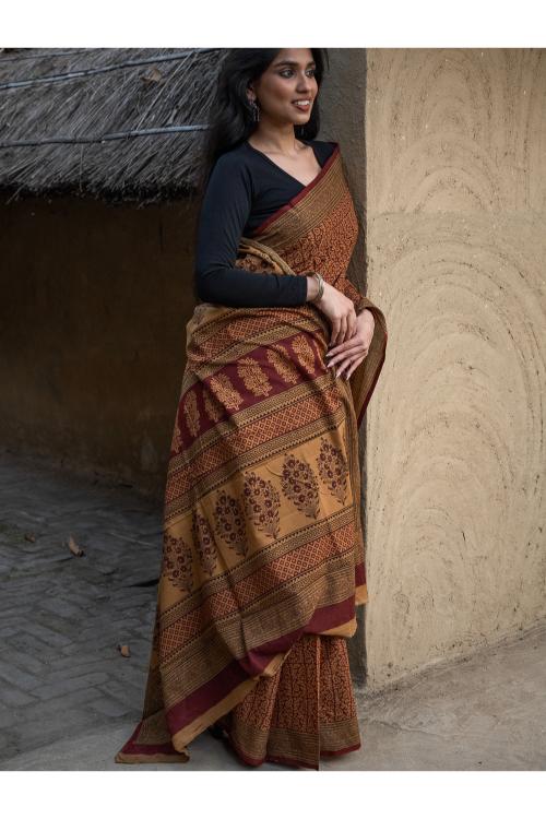 TICH Exclusive Bagh Hand Block Printed Cotton Saree - Intricate Paisleys