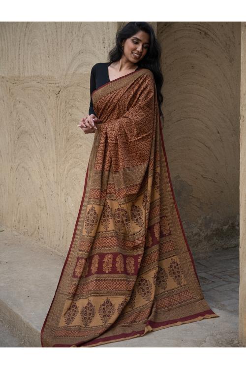TICH Exclusive Bagh Hand Block Printed Cotton Saree - Intricate Paisleys