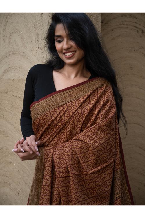 TICH Exclusive Bagh Hand Block Printed Cotton Saree - Intricate Paisleys