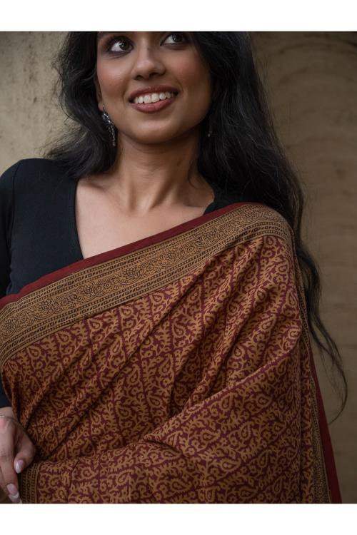 TICH Exclusive Bagh Hand Block Printed Cotton Saree - Intricate Paisleys