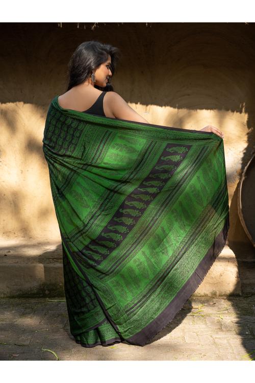 TICH Exclusive Bagh Hand Block Printed Cotton Saree - Paisley Vines