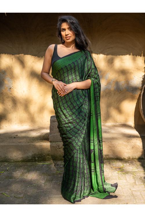 TICH Exclusive Bagh Hand Block Printed Cotton Saree - Paisley Vines