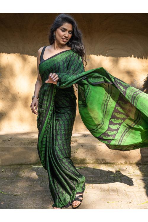 TICH Exclusive Bagh Hand Block Printed Cotton Saree - Paisley Vines