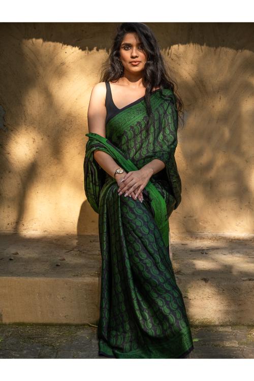 TICH Exclusive Bagh Hand Block Printed Cotton Saree - Paisley Vines