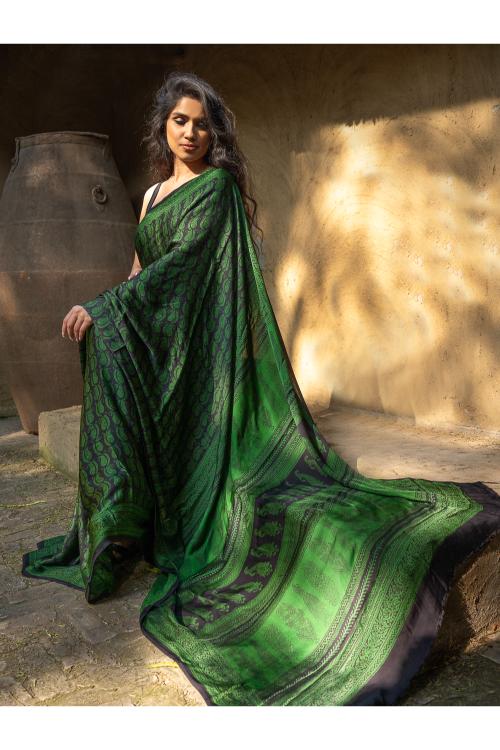 TICH Exclusive Bagh Hand Block Printed Cotton Saree - Paisley Vines
