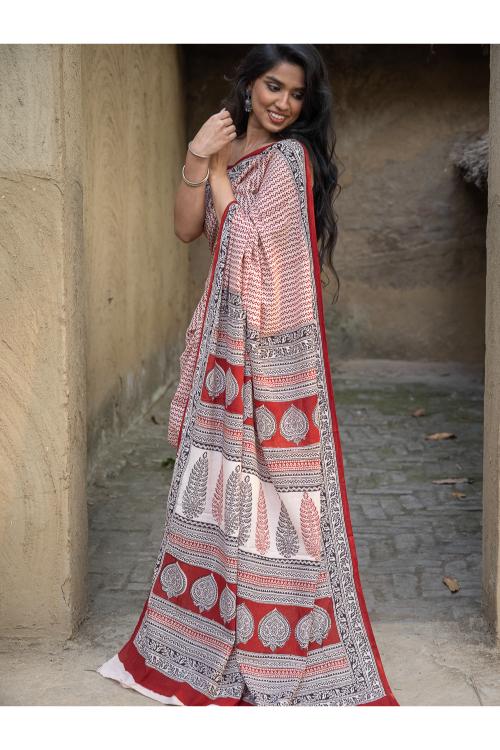 TICH Exclusive Bagh Hand Block Printed Cotton Saree - Geometrics