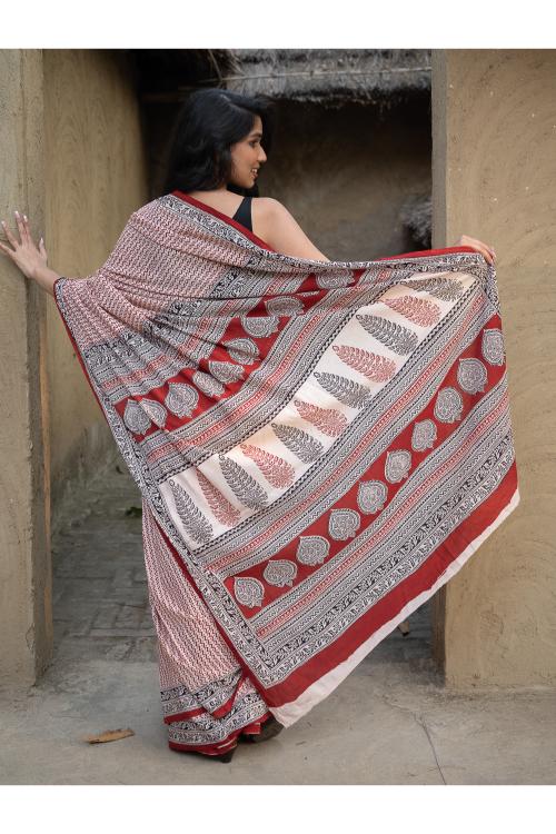 TICH Exclusive Bagh Hand Block Printed Cotton Saree - Geometrics