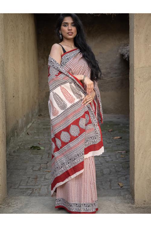 TICH Exclusive Bagh Hand Block Printed Cotton Saree - Geometrics