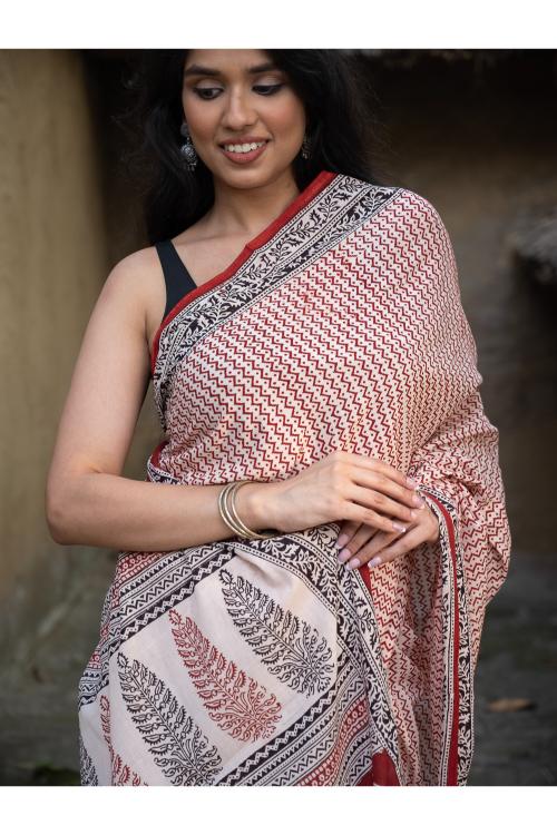 TICH Exclusive Bagh Hand Block Printed Cotton Saree - Geometrics