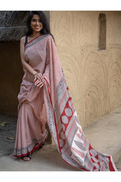 TICH Exclusive Bagh Hand Block Printed Cotton Saree - Geometrics