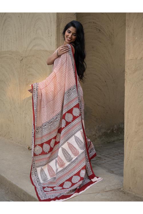 TICH Exclusive Bagh Hand Block Printed Cotton Saree - Geometrics