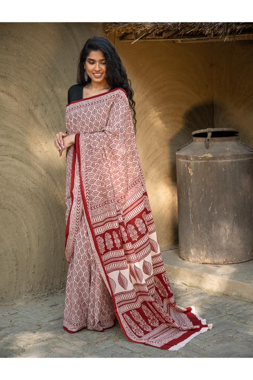 TICH Exclusive Bagh Hand Block Printed Cotton Saree - Leaf Ornate