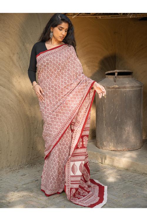 TICH Exclusive Bagh Hand Block Printed Cotton Saree - Leaf Ornate