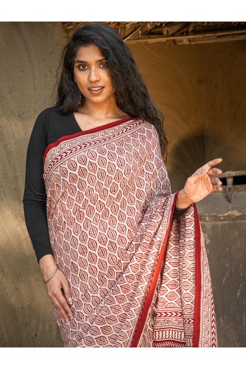 TICH Exclusive Bagh Hand Block Printed Cotton Saree - Leaf Ornate