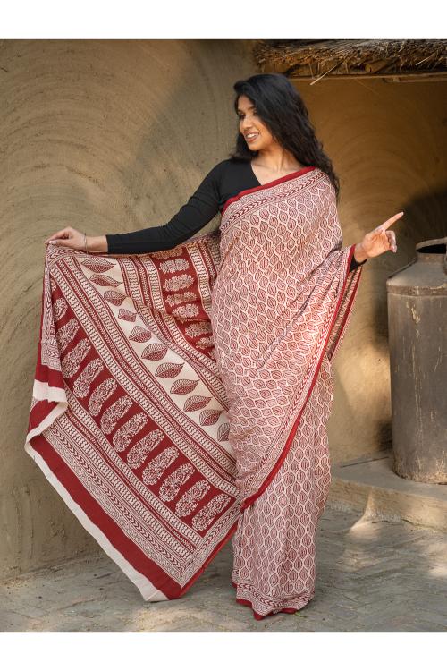 TICH Exclusive Bagh Hand Block Printed Cotton Saree - Leaf Ornate