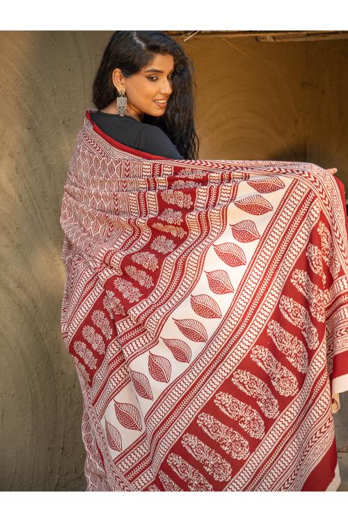 TICH Exclusive Bagh Hand Block Printed Cotton Saree - Leaf Ornate