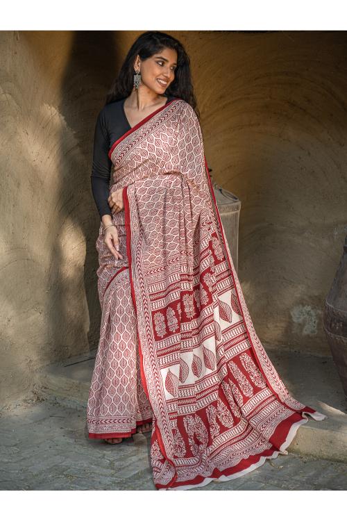 TICH Exclusive Bagh Hand Block Printed Cotton Saree - Leaf Ornate