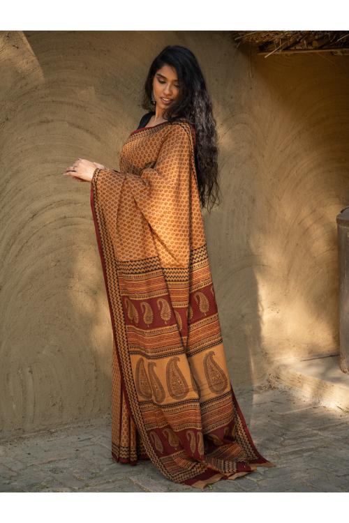 TICH Exclusive Bagh Hand Block Printed Cotton Saree - Buds