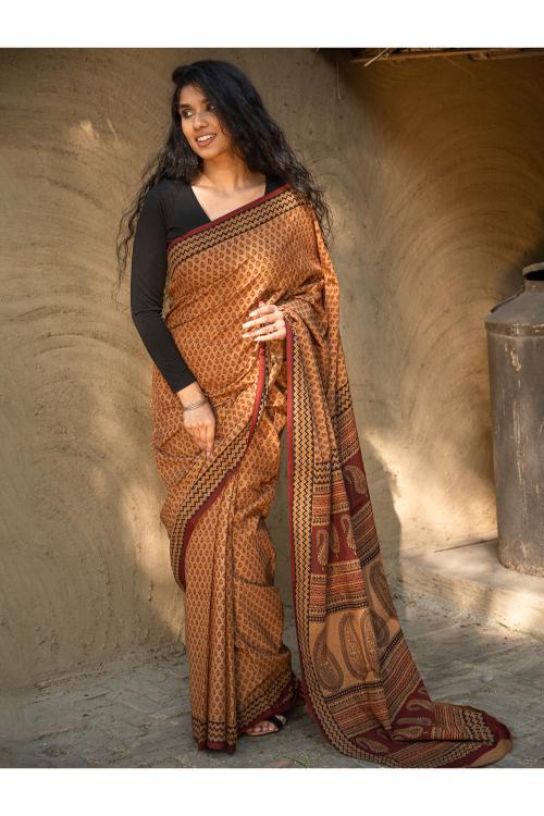 TICH Exclusive Bagh Hand Block Printed Cotton Saree - Buds
