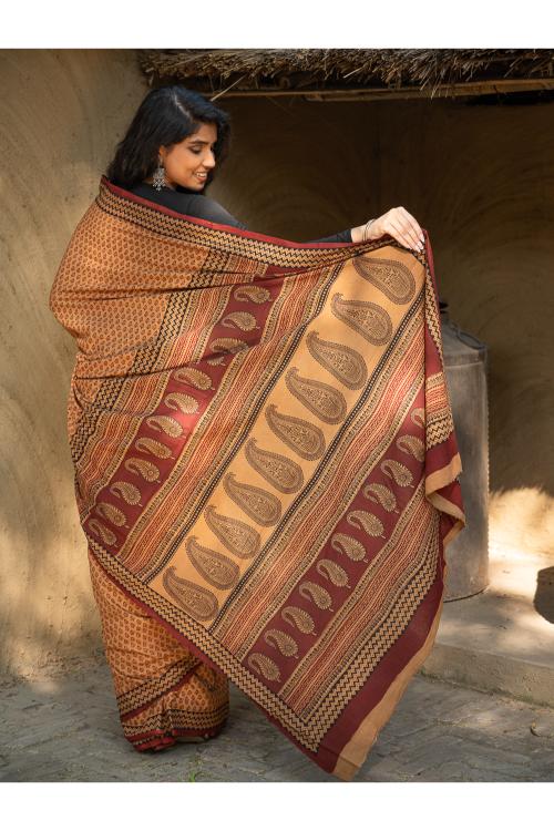 TICH Exclusive Bagh Hand Block Printed Cotton Saree - Buds