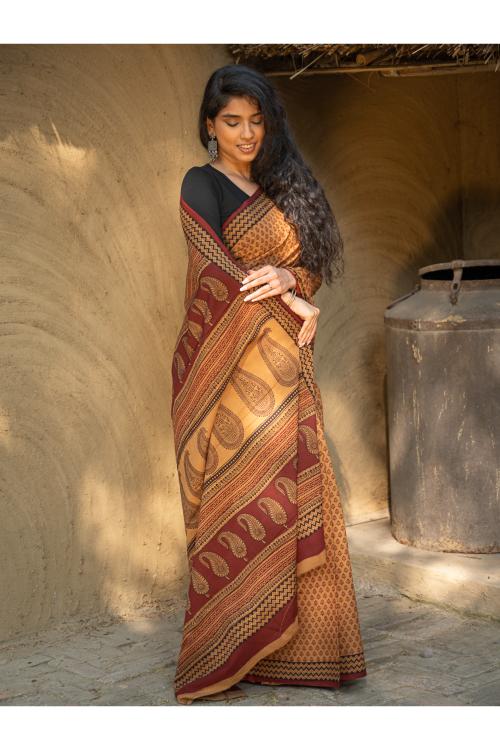 TICH Exclusive Bagh Hand Block Printed Cotton Saree - Buds