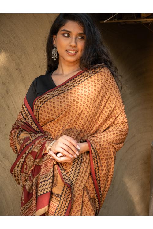 TICH Exclusive Bagh Hand Block Printed Cotton Saree - Buds