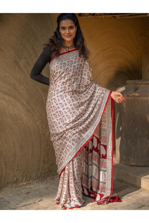 Exclusive Bagh Hand Block Printed Modal Satin Saree - White Paisleys