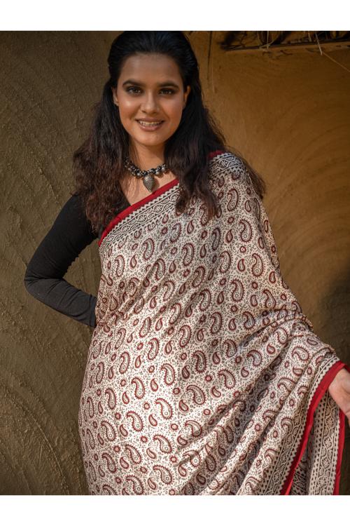 Exclusive Bagh Hand Block Printed Modal Satin Saree - White Paisleys