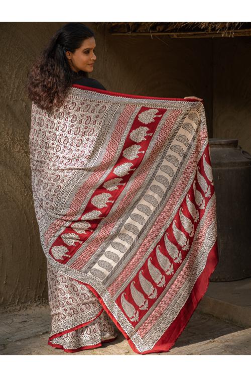 Exclusive Bagh Hand Block Printed Modal Satin Saree - White Paisleys