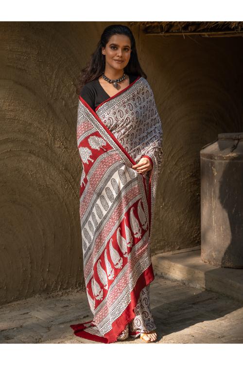 Exclusive Bagh Hand Block Printed Modal Satin Saree - White Paisleys