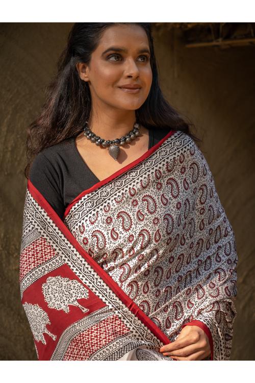 Exclusive Bagh Hand Block Printed Modal Satin Saree - White Paisleys