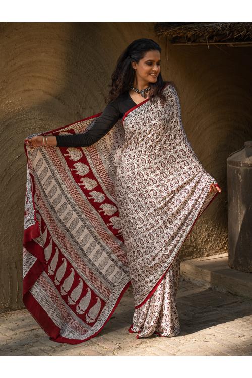 Exclusive Bagh Hand Block Printed Modal Satin Saree - White Paisleys