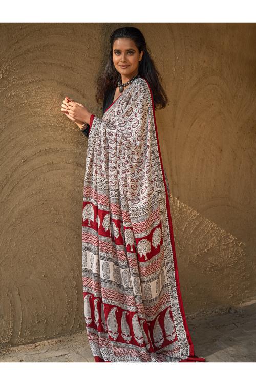 Exclusive Bagh Hand Block Printed Modal Satin Saree - White Paisleys